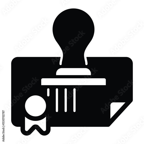 Contract paper with stamp and seal ribbon solid icon, exhibition concept. Vector graphics. Seller contract, document sign on white background, style mobile or design.