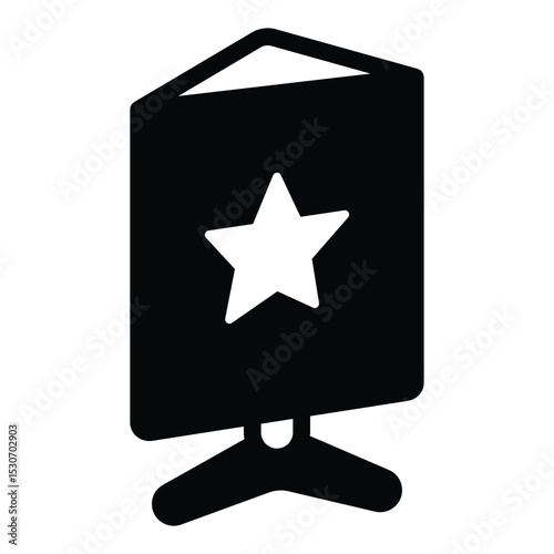 Tripod stand with star poster solid icon, exhibition concept. Vector graphics. Stand and banner with star, advertising sign on white background, style mobile or design.