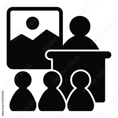 Lecturer with people and painting solid icon, exhibition concept. Vector graphics. Guide man with visitors, audience sign on white background, style mobile or design.