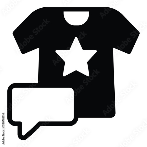 Shirt with star and popup bubble solid icon, exhibition concept. Vector graphics. Famous event promotion clothes sign on white background, style mobile or design.