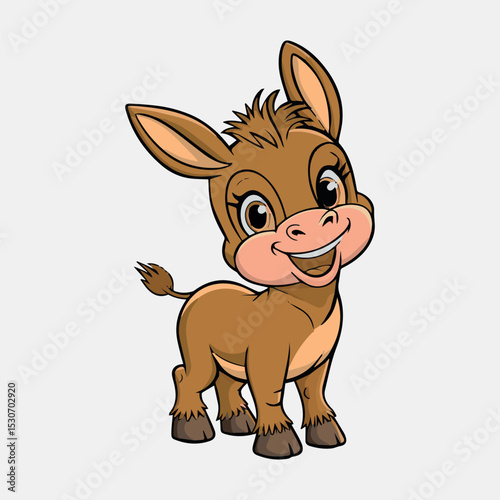 Cute baby donkey cartoon illustration with sweet smile and farm scene