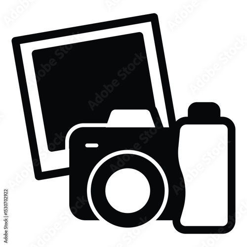 Camera with photo paper solid icon, exhibition concept. Vector graphics. Photo camera shot, photography sign on white background, style mobile or design.
