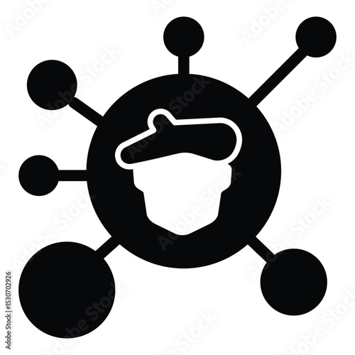 Artist face with contact bubbles solid icon, exhibition concept. Vector graphics. Public message sharing, famous person sign on white background, style mobile or design.