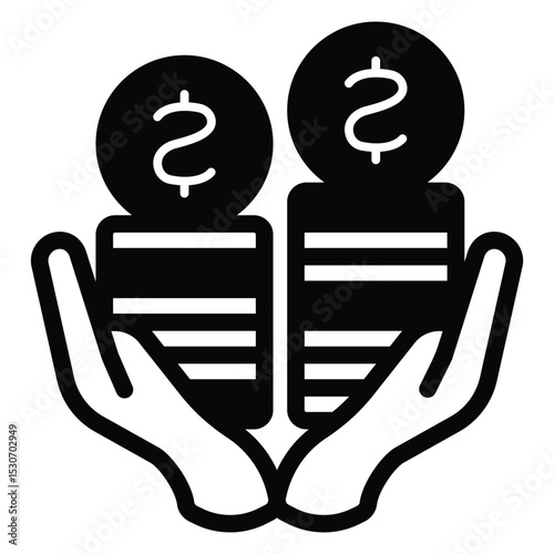 Hands with dollar coins stack solid icon, exhibition concept. Vector graphics. Selling tickets, monetization sign on white background, style mobile or design.