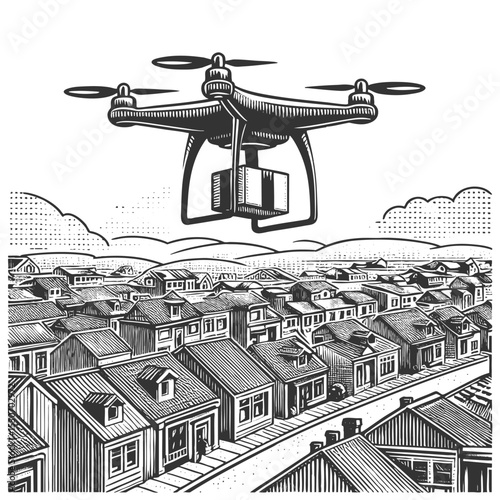 drone flying above suburban houses while delivering a package, symbolizing modern logistics sketch engraving generative ai vector illustration. Scratch board imitation. Black and white image.