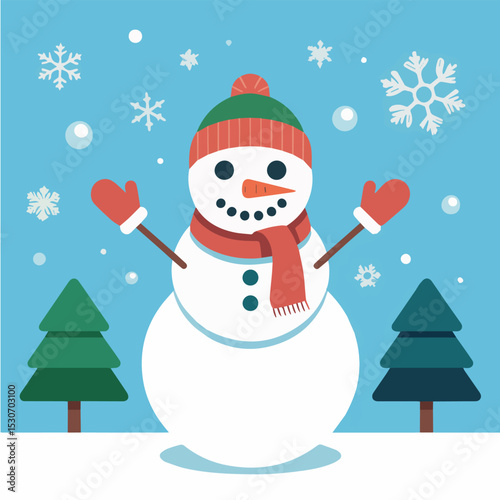 Smiling snowman in winter scene with snowy trees and colorful scarf