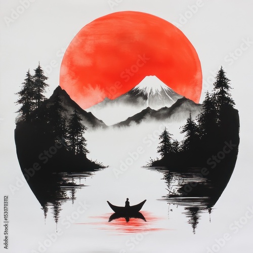 A lone boatman navigates serene waters beneath a crimson sun and majestic Mount Fuji.
