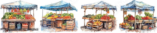 Watercolor Market Stalls Vector Illustration with Fresh Fruits and Vegetables.