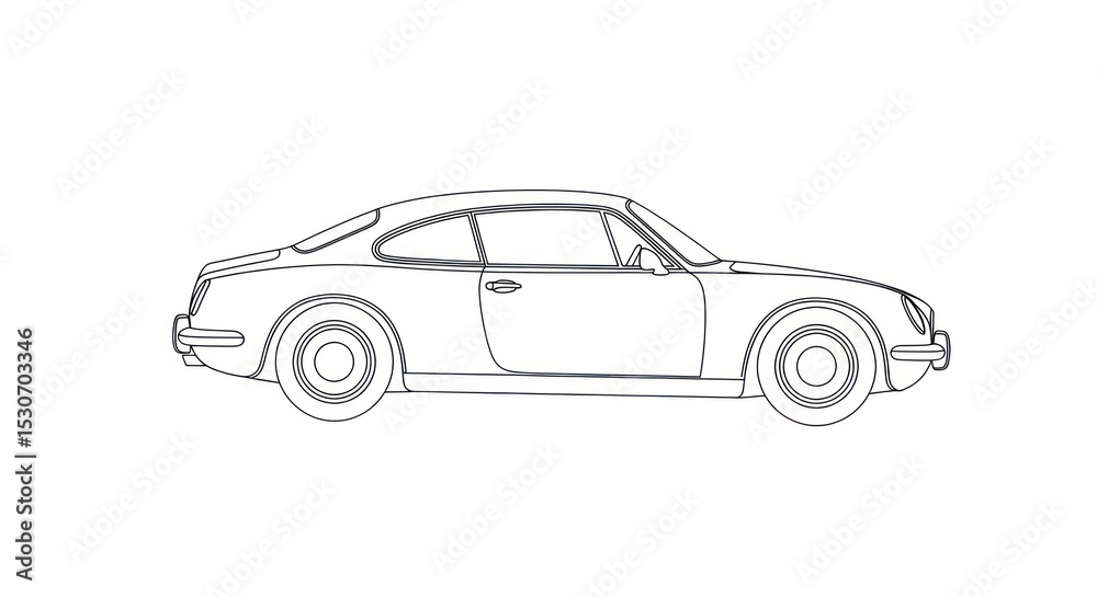 Fototapeta premium Side view of a classic car line drawing with rounded fenders and a sleek coupe design on white background