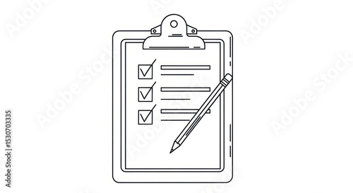 A clipboard with a checklist and a pencil resting on it in a minimalist black and white line drawing style