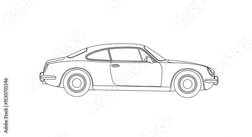 Side view of a classic car line drawing with rounded fenders and a sleek coupe design on white background