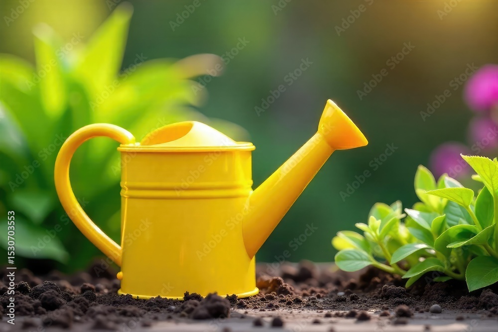 A cheerful yellow watering can, ready to nurture your plants Perfect for gardening, spring, and summer themes Shows vibrant color and classic garden tool design , rural, yellow, flower A cheerful yellow watering can, ready to nurture your plants Perfect for gardening, spring, and summer themes Shows vibrant color and classic garden tool design , rural, yellow, flower