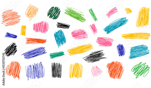 Bright hand-drawn grungy vector illustration, playful colorful scribble marks, charcoal pencil hatching, kids doodle scratches, textured sketch elements, creative childlike drawings, rough strokes.