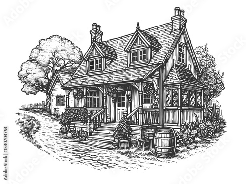 rustic tavern cottage with barrels, wooden cart, flowers, and detailed architecture sketch engraving generative ai vector illustration. Scratch board imitation. Black and white image.