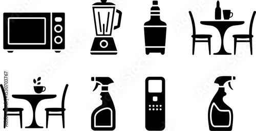 Vector icons of microwave blender bottle table chairs spray cleaner remote kitchen dining cleaning editable stock vector illustration