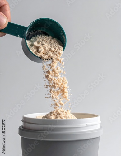 A hand pours beige protein powder from a green scoop into a white container against a plain gray background.