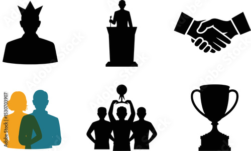 Leadership success teamwork achievement presentation award winning business collaboration icons vector set editable stock vector illustration