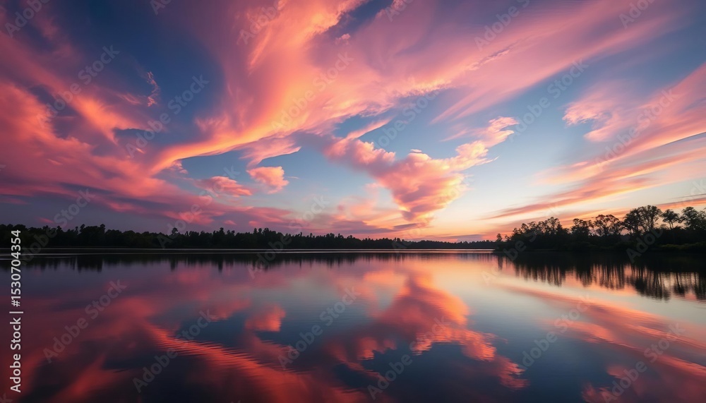 Obraz premium Serene twilight sky mirrored in calm water, vibrant colors, aesthetic, scenic