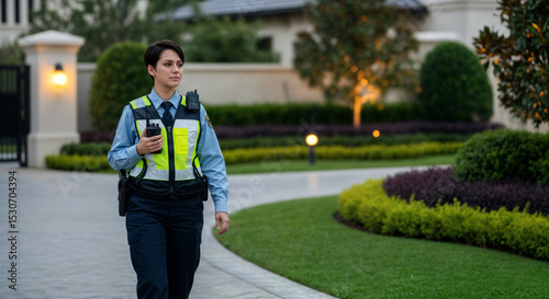 Security Guard on Evening Patrol Through Upscale Residential Community with Radio Equipment