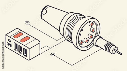Illustration showing a connector with multiple pins connected to a device with usb ports and buttons