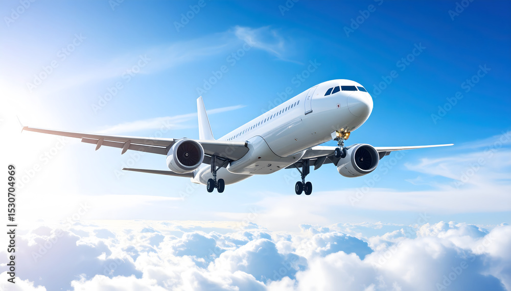 Fototapeta premium Large Airplane Ascending into Clear Blue Sky with Clouds