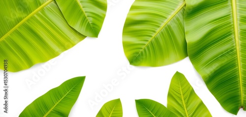 Several large, vibrant green banana leaves arranged asymmetrically on a pristine white background,   green background,  foliage