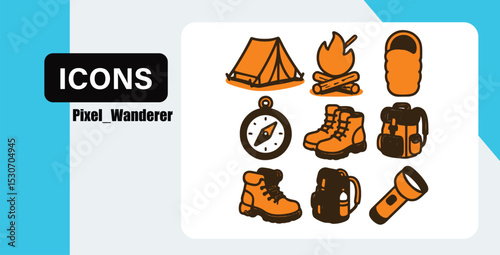 Hand drawn camping and hiking icons featuring tent campfire sleeping bag compass and backpack