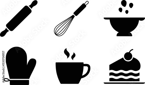 Baking tools kitchen utensils vector illustration rolling pin whisk bowl oven mitt coffee cake icon set editable stock vector illustration