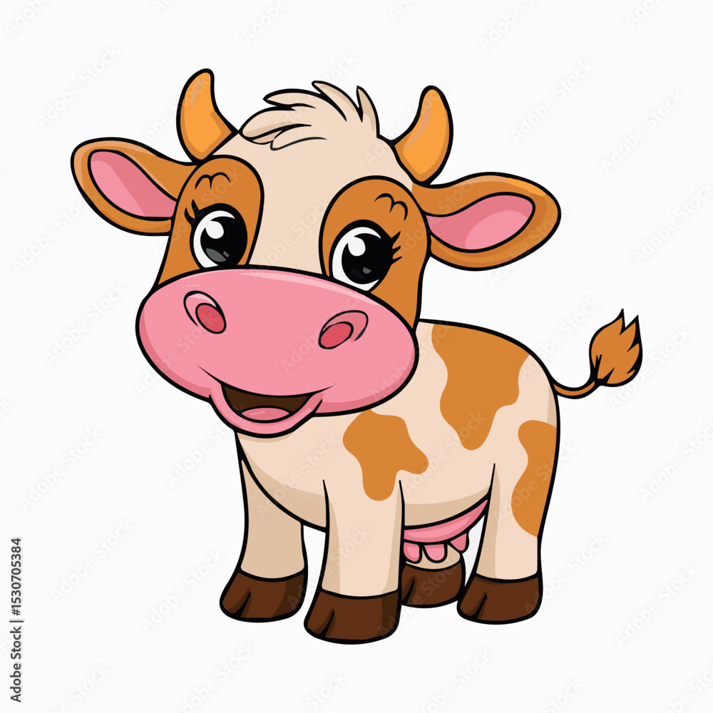 Fototapeta premium Adorable cartoon calf illustration happy cute farm animal cow dairy fun kid baby milk horn tail young brown white spots