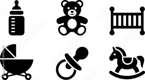 Baby essentials vector icons set, bottle, teddy bear, crib, stroller, pacifier, rocking horse graphics editable stock vector illustration