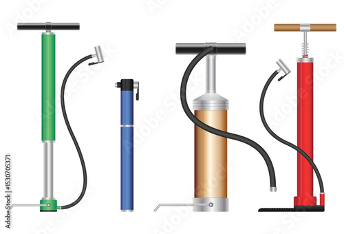 Four air pumps are shown. They come in red, blue, gold, and green. They all have a hose connected to them and are standing upright. 