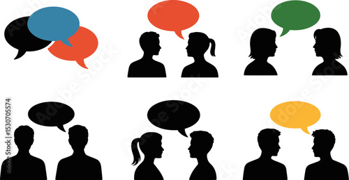 Communication dialogue discussion conversation speech bubbles talking people silhouettes interaction 100 editable stock vector illustration