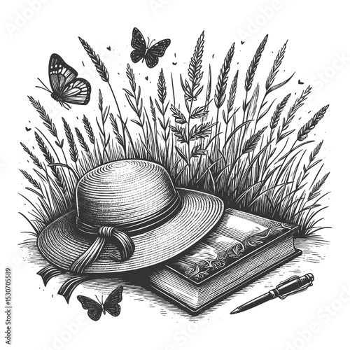 straw hat, open book, flowers, and butterflies in a wheat field, evoking nostalgic summer vibes sketch engraving generative ai vector illustration. Scratch board imitation. Black and white image.