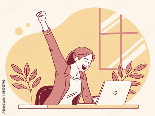 businesswoman rejoices at successful online deal