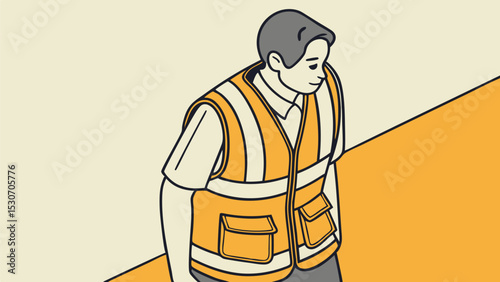 Illustration of a man wearing a safety vest with pockets and short sleeves looking down and to the side