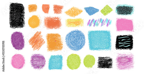 Pastel chalk scribbles, dry smears, scrawls and scratches, kids crayon lines on blackboard, chalk textured geometric shapes, circles, squares, zigzag, rainbow, hand-drawn vector illustration.