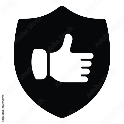 Shield with thumb up hand solid icon, black friday concept. Vector graphics. Positive feedback emblem sign on white background, style mobile or design.