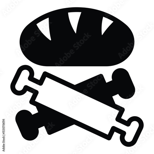 Wheat bread and dough roller solid icon, bakery concept. Vector graphics. Bread with wooden rollers pair, pastry sign on white background, style mobile or design.