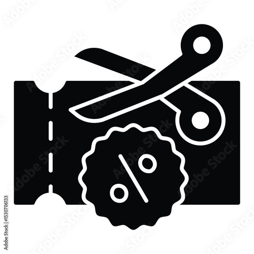 Discount coupon with percent and scissors solid icon, black friday concept. Vector graphics. Price cut, halving price sign on white background, style mobile or design.