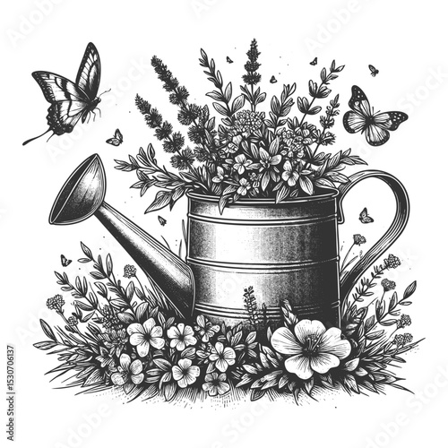 metal watering can surrounded by blooming flowers and buzzing bees, evoking a garden scene sketch engraving generative ai vector illustration. Scratch board imitation. Black and white image.