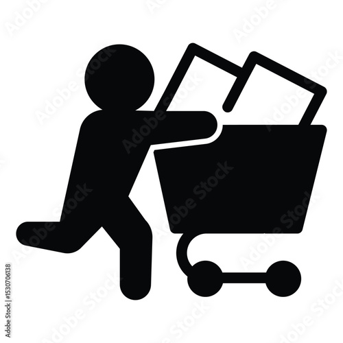 Man running with full cart solid icon, black friday concept. Vector graphics. Buyer with purchase packages, shopping sign on white background, style mobile or design.
