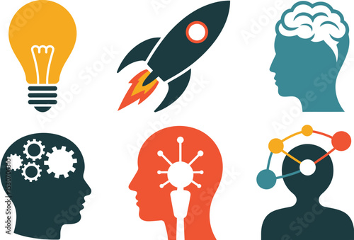 Ideas innovation creativity thinking process problem solving solutions mind knowledge brain power concept design editable stock vector illustration