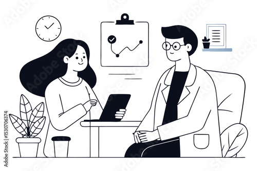 Line art drawing of doctor consulting patient isolated on transparent background