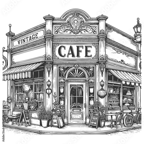 charming outdoor street cafe with tables, chairs, awning, and storefront window display sketch engraving generative ai vector illustration. Scratch board imitation. Black and white image.