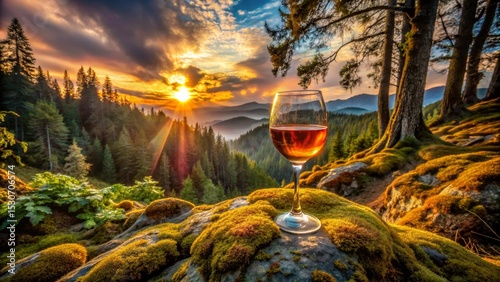Wine Glass in Mountain Landscape at Sunset