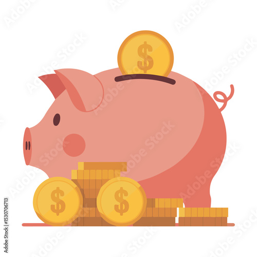 Pink piggy bank saving money coins financial investment wealth gold cash rich flat cute dollar growth income budget