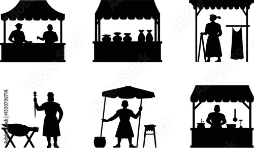 Market stalls vector illustration of traders and merchants selling goods and food silhouette black and white editable stock vector illustration