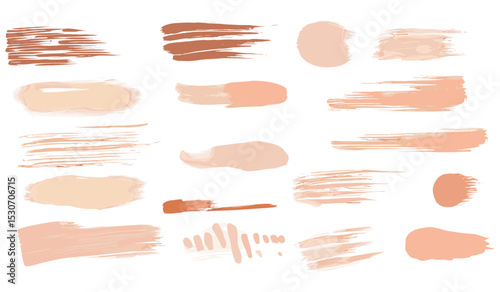 Foundation brush paint strokes, lipstick smudge lines, blush powder texture, makeup swatches, beauty cream palette, abstract beige smears, cosmetic makeup set, vector illustration, skin tone colors.