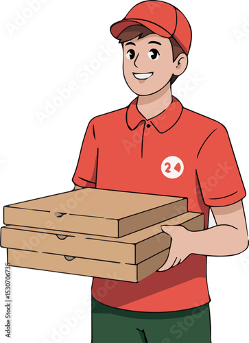 Happy pizza delivery man carrying three cardboard boxes of pizza red hot food cute work fast meal shirt style tasty order