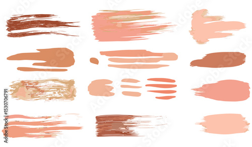 Makeup swatches, lipstick smudge lines collection, foundation strokes, beauty cream palette, abstract blush beige smears, blush powder texture bg, isolated cosmetic set, vector illustration.